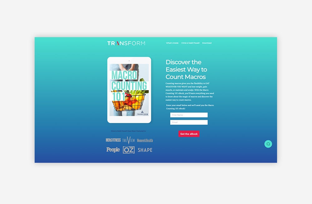 Ebook landing page for Transform