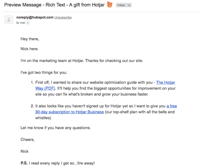 Hotjar follow up email